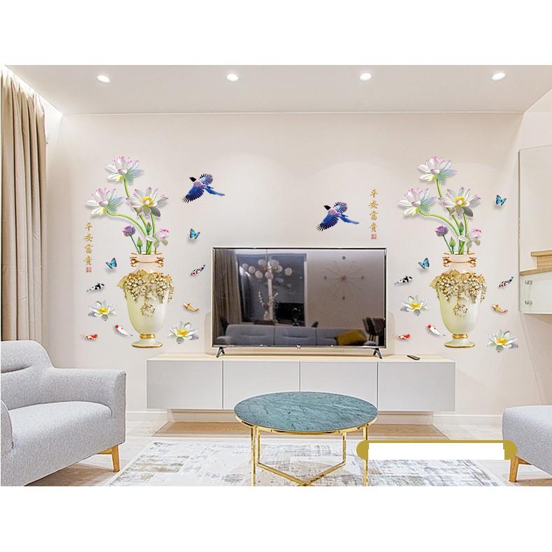 Decal trang trí  dán tường bình hoa sen cá