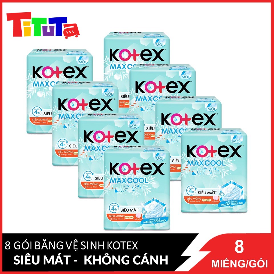 Combo 8 Băng Vệ Sinh Siêu Mỏng Không Cánh 23cm 8 Miếng Kotex MaxCool Mặt Bông Mềm Mại