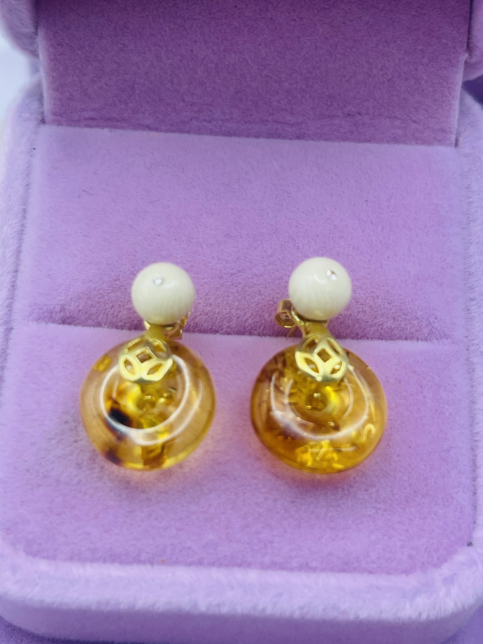 Hoa tai Bạc 925 xi Kim phối Ngờ và Hổ Phách