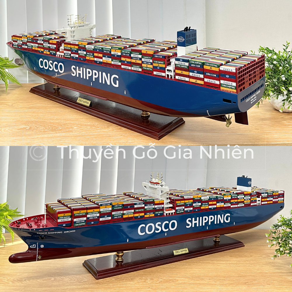 Mô Hình Thuyền Gỗ Phong Thủy Gia Nhiên, Thuyền Container Gỗ COSCO, Dài 100cm, Thuyền Trang Trí Xuất Khẩu Chất Lượng Cao