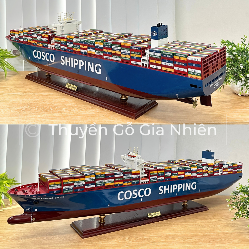 (Giá xưởng/Ảnh thật) Mô Hình Thuyền Gỗ Phong Thủy Gia Nhiên, Thuyền Container Gỗ COSCO, Dài 100cm, Thuyền Trang Trí Xuất Khẩu Chất Lượng Cao 