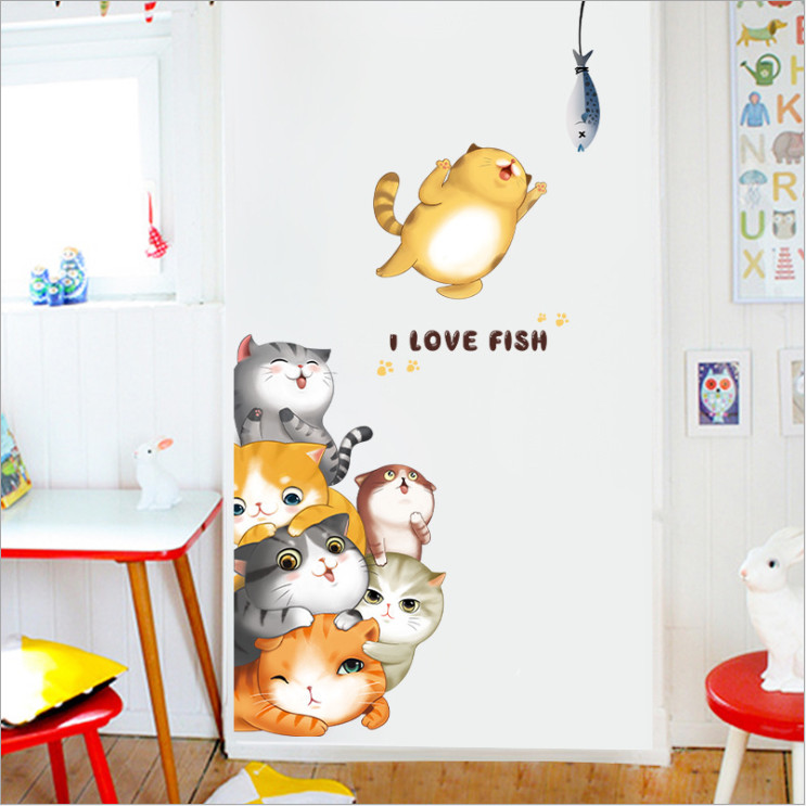Decal dán tường mèo con dễ thương I love fish đủ màu trang trí nhà cửa đẹp, sáng tạo