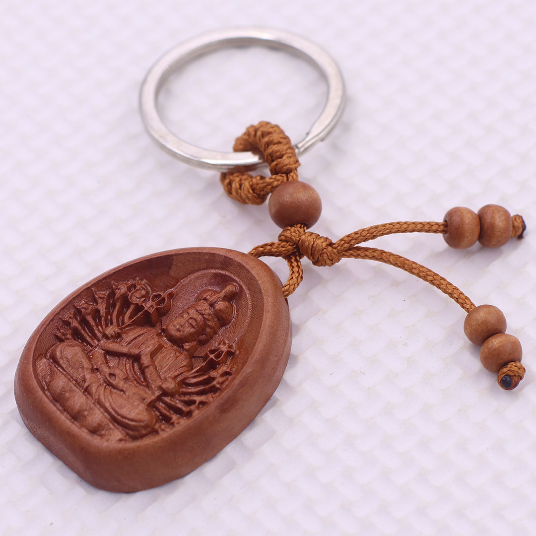 Móc chia khóa Phật Thiên thủ thiên nhãn gỗ đào, móc chìa khóa Phật bản mênh