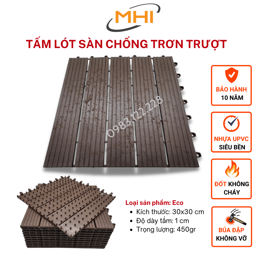 Thảm lát sàn uPVC cao cấp MHI-ECO, Tấm nhựa trải sàn trang trí ban công / sân vườn / sân thượng; lót sàn chống trơn trượt nhà tắm / bể bơi - Hàng Việt Nam chất lượng cao