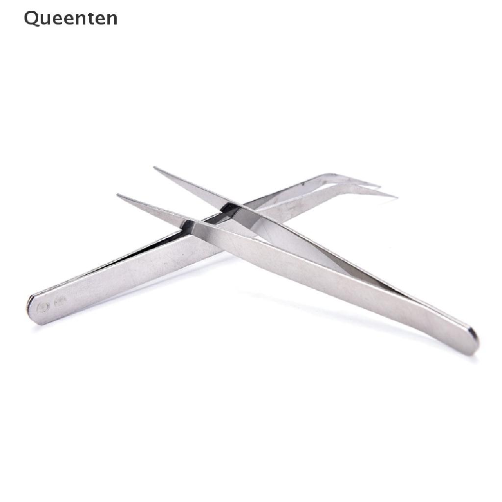 Queenten 2pcs Stainless Steel Straight Elbow Tweezers Patchwork Hook Pick-up Makeup Tools QT