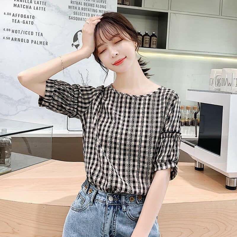 Áo kiểu nữáo kẻ caro suông đẹp