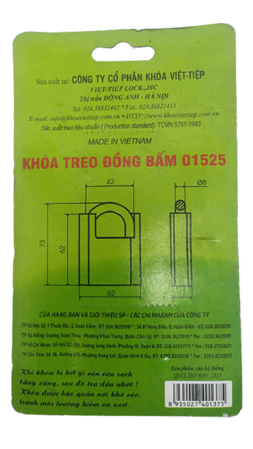 Ổ khóa cửa treo Việt Tiệp bấm chống cắt đồng vàng