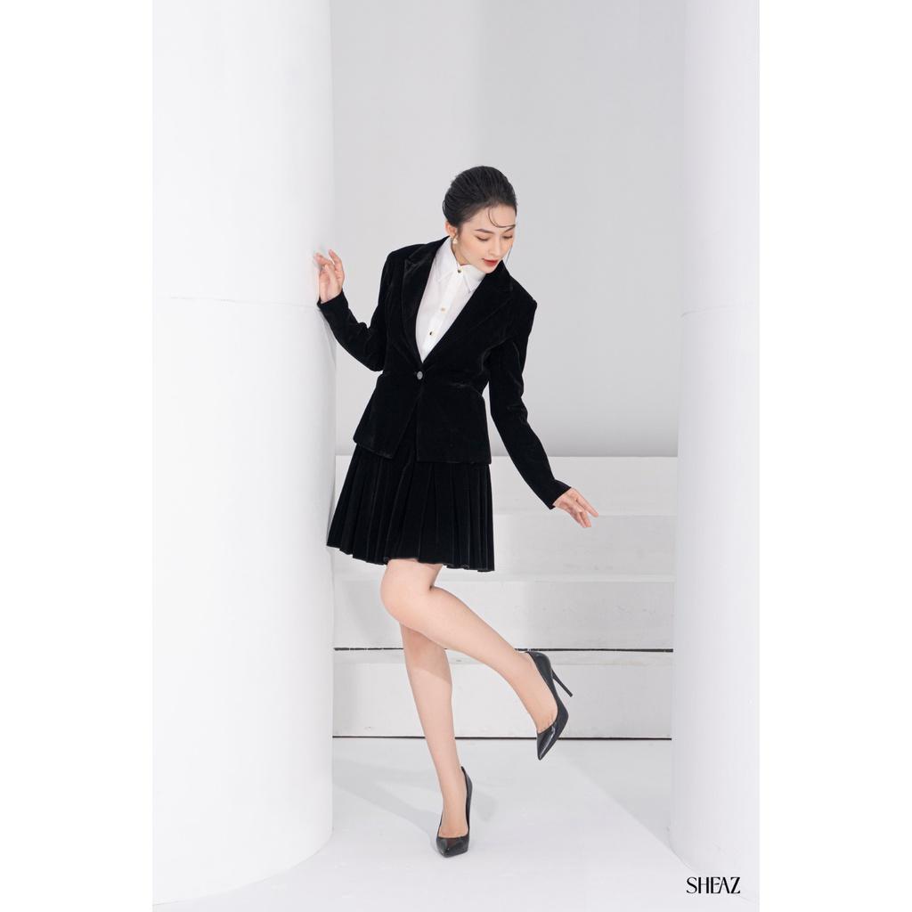 SHEAZ Áo vest blazer nhung nữ thu đông, màu đen, công sở basic, lót lụa satin