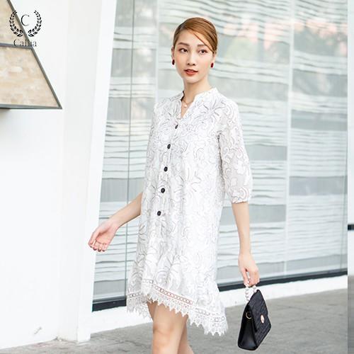 Đầm suông đuôi cá nữ Callia Jina White cổ tàu chữ V tay lửng