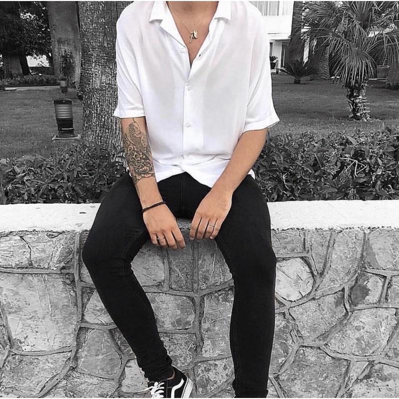 Sơ mi trắng đen SIB Clothing áo sơ mi nam nữ tay ngắn SIB023