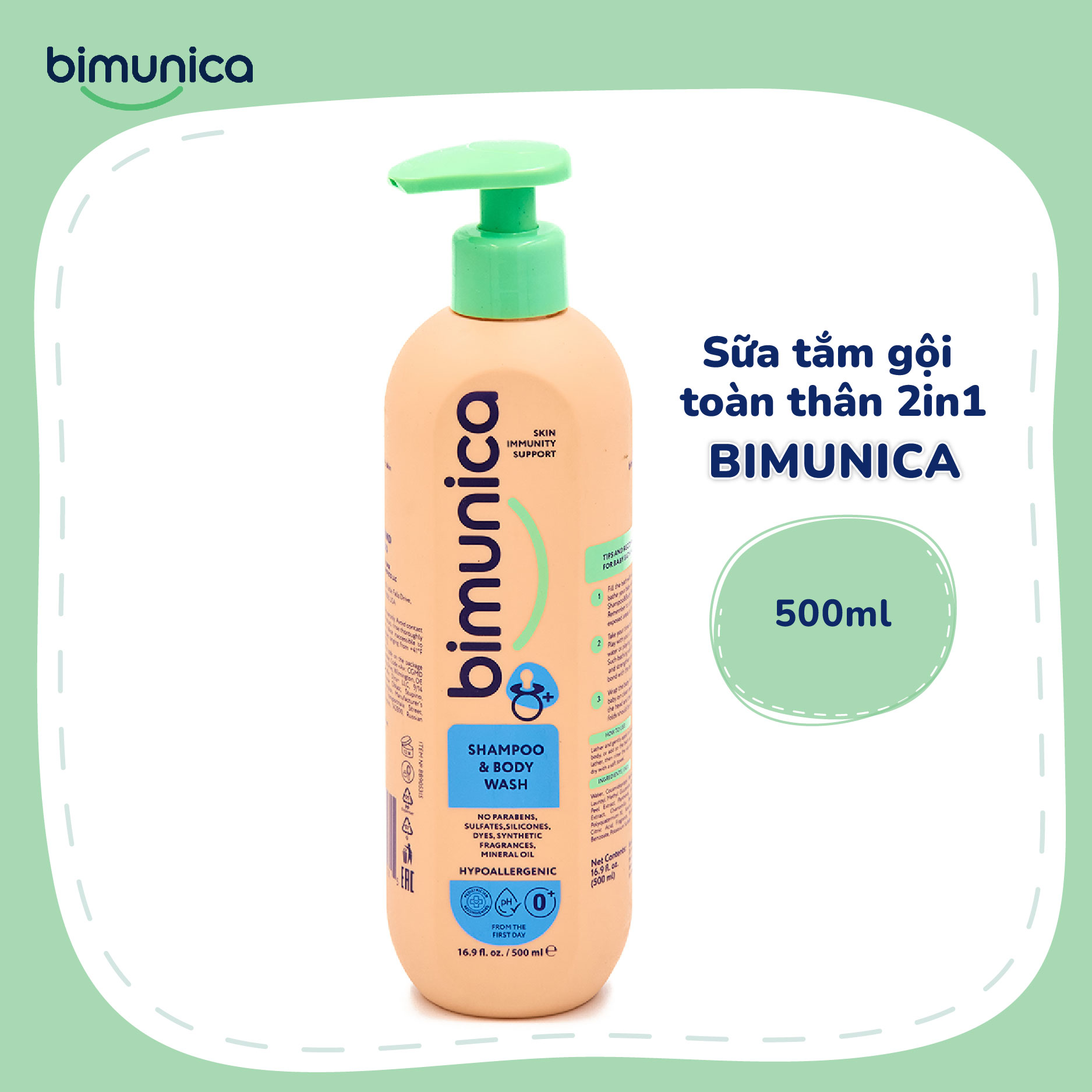 [QUÀ 220K] Combo Sữa Tắm Gội 2in1 (500ml) &amp; Xịt Rửa Tay Khô BIMUNICA cho bé 0+ - Không Cồn, Không Xà Phòng