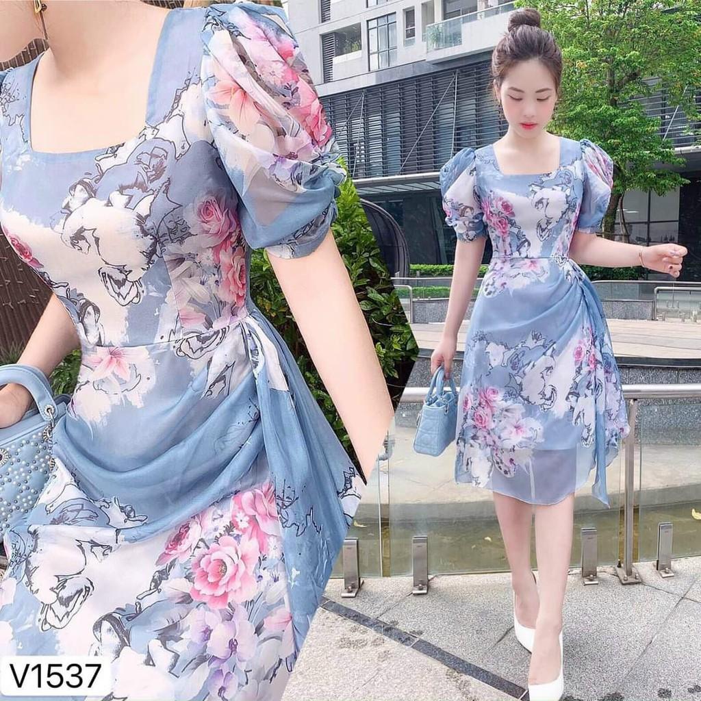 Đầm lụa xoè hoạ tiết hoa tay phồng bèo eo sang chảnh