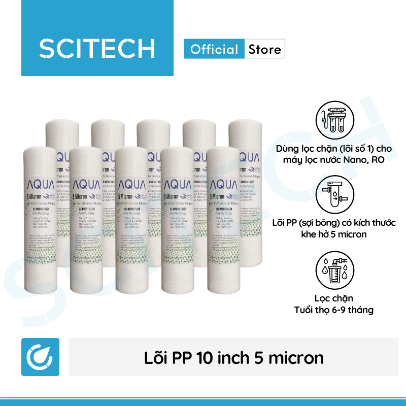 Combo 10 lõi lọc nước số 1 PP 10 inch 5 micron dùng trong máy lọc nước Nano/UF/RO, bộ lọc thô - Hàng chính hãng