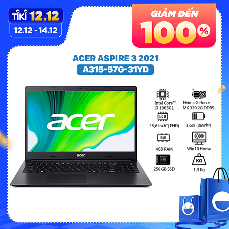 Laptop Acer Aspire A315-57G-31YD (NX.HZRSV.008) (i3 1005G1/4GB RAM/256GB SSD/MX330 2G/15.6 inch FHD/Win 10/Đen) (Hàng Chính Hãng)