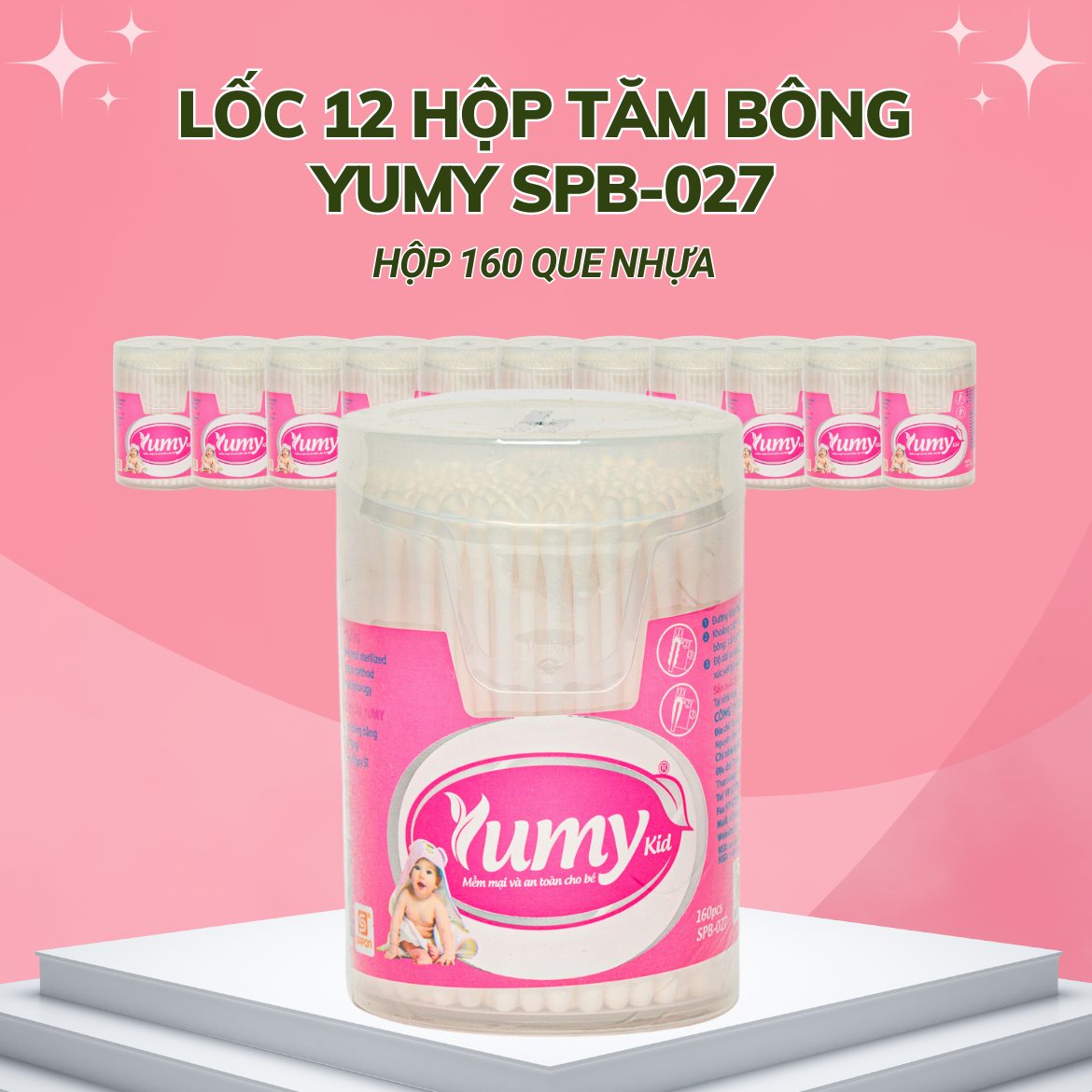 Lốc 12 hộp Tăm bông Yumy trẻ em thân nhựa hộp vát 160 que SPB-027