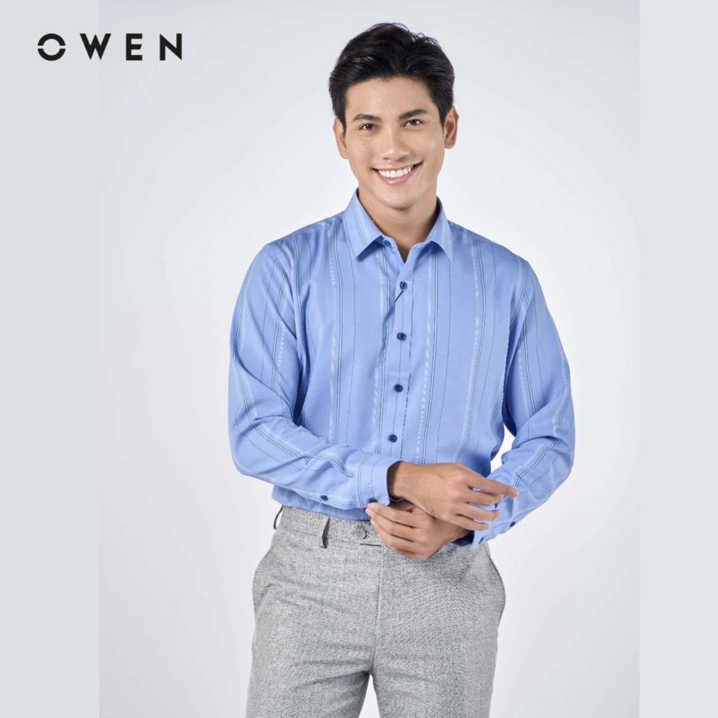 OWEN - Áo sơ mi dài tay Owen Slimfit chất Nano không nhăn màu xanh kẻ sọc 220828