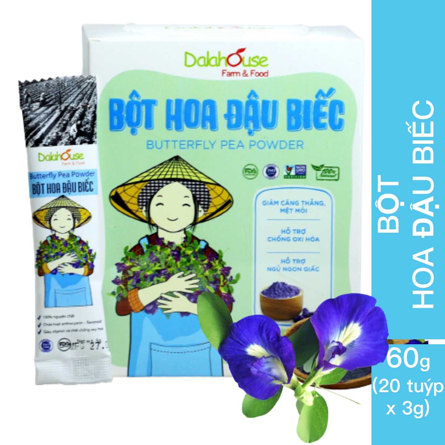 Bột Hoa Đậu Biếc hữu cơ sấy lạnh Dalahouse - 60g (20 tuýp nhỏ) - Giảm căng thẳng mệt mỏi - Hỗ trợ chống ô xy hóa - Tốt cho mắt và giúp cho giấc ngủ sâu - Tạo màu sắc cho thực phẩm
