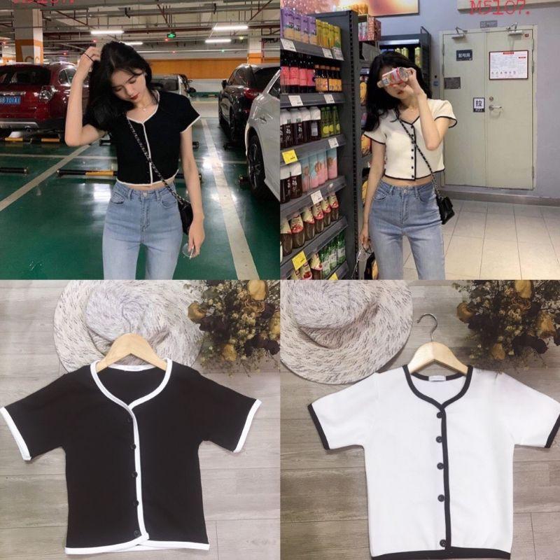 Áo croptop nút phối viền thun gân 2 màu đen trắng cực xinh