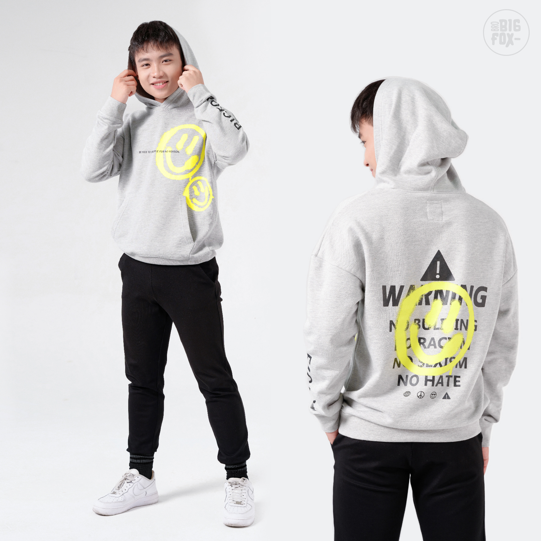 Áo khoác nam BIGFOX thu đông, áo hoodie nam tuổi teen dài tay hình mặt cười 45 - 65kg