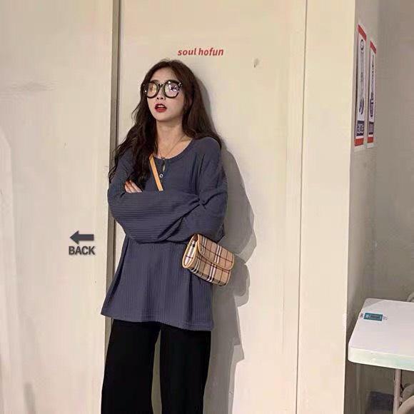 Áo Ulzzang Thun Len Mỏng Tay Bo Cúc Cài Dáng Rộng Cổ V