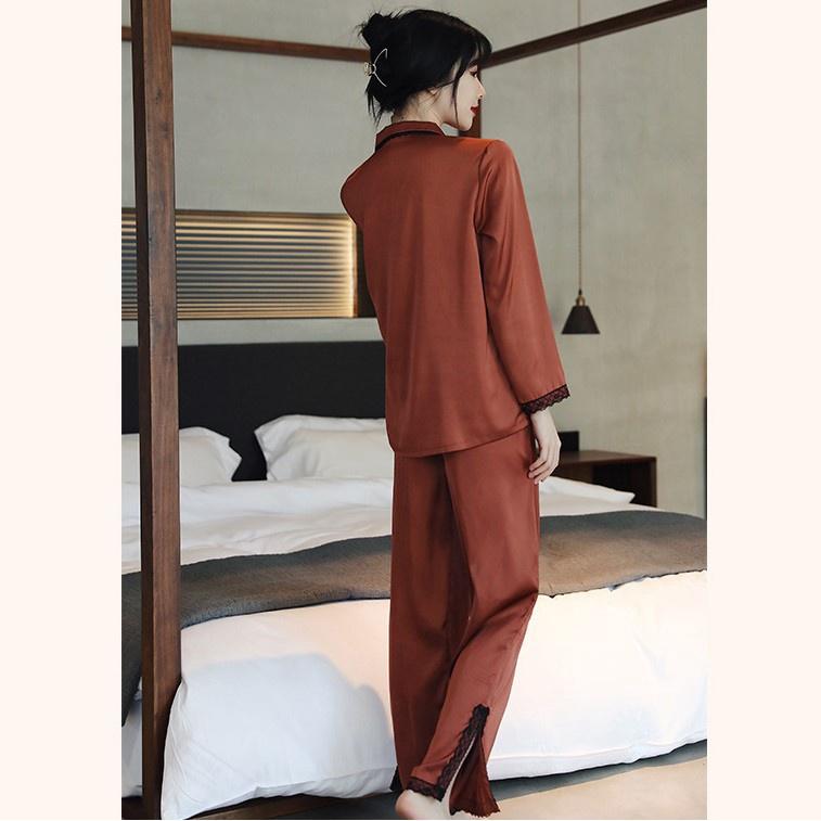 Đồ Bộ Nữ - Đồ Mặc Nhà Dài Tay Vải Lụa Cao Cấp Nhiều Màu Trơn Viền Ren Sang Trọng DDLP10