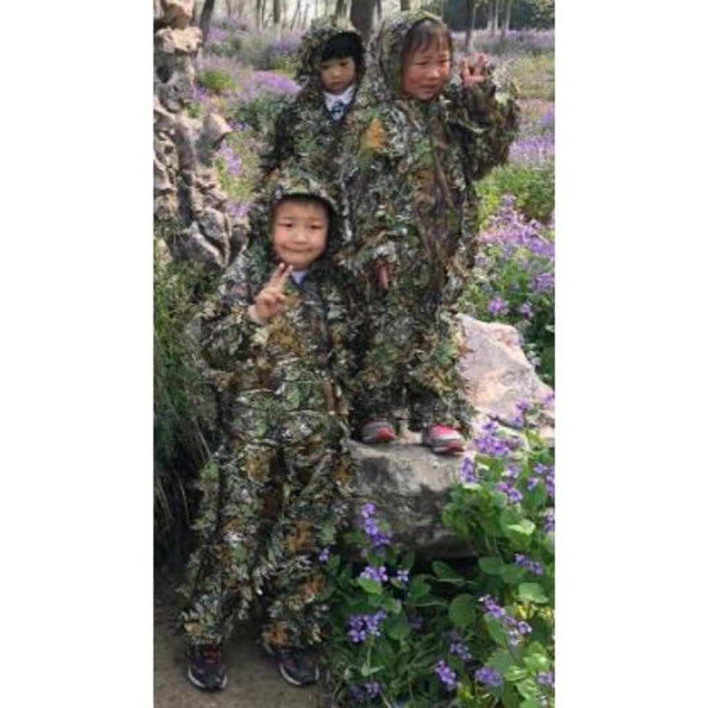 2x Breathable Leafy Camo Hooded Stretchy Ghillie Suits Clothes Jacket Pants Lightweight for Child Unisex Outdoor Hunting Shooting Wildlife Photography