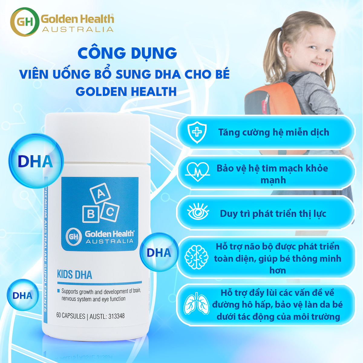 Viên Uống Hỗ Trợ Phát Triển Trí Não Cho Bé Từ 7 Tháng Tuổi Đến 12 Tuổi Golden Health Kids DHA Hộp 60 Viên