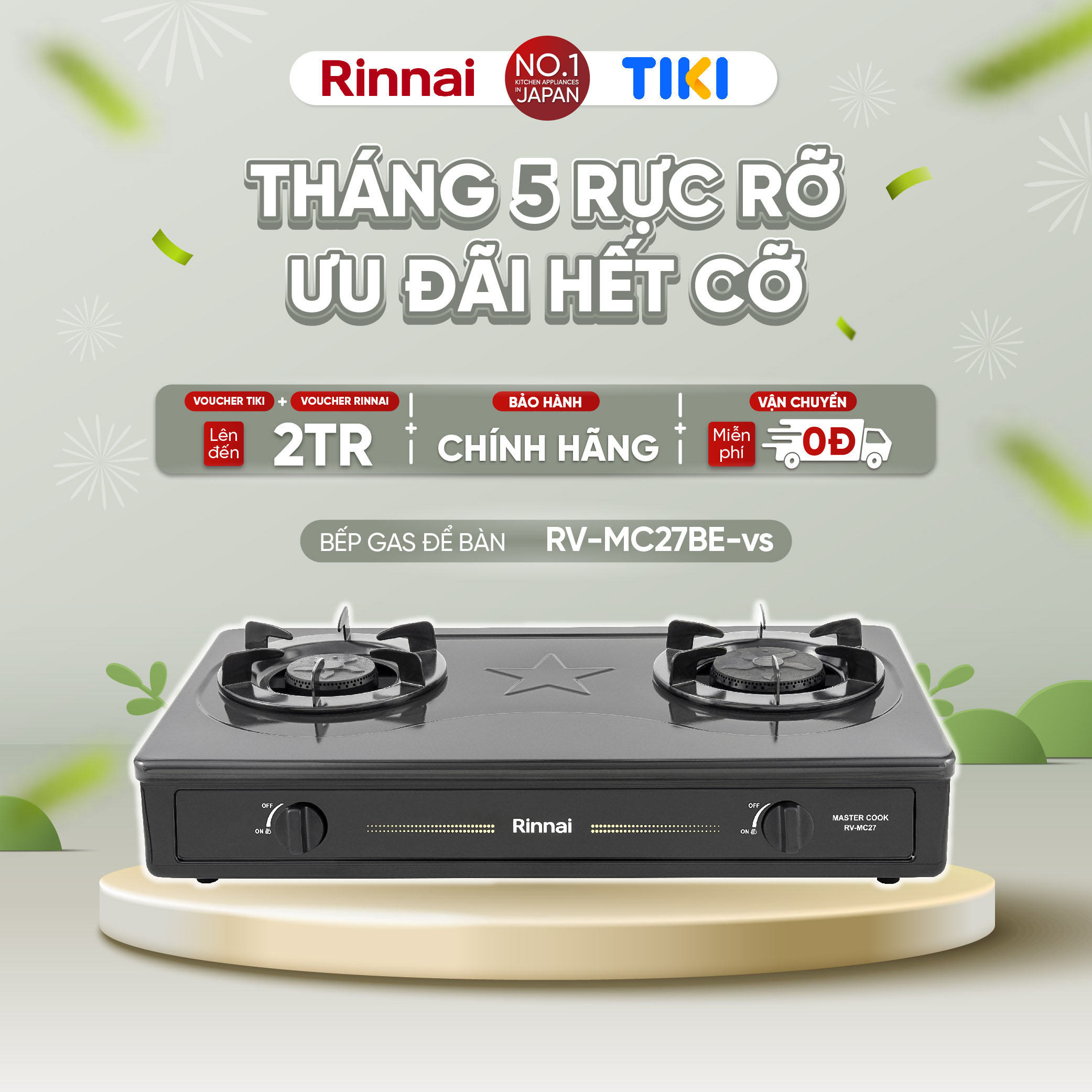 Bếp gas dương Rinnai RV-MC27BE mặt bếp men và kiềng bếp men - Hàng chính hãng