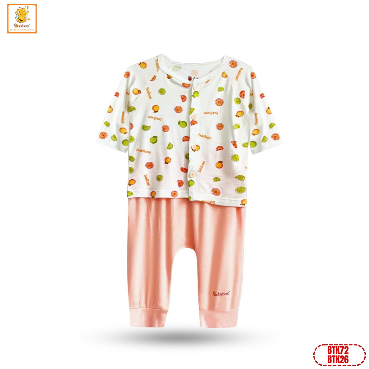 Bộ sơ sinh dài tay Babiboo quần áo tay dài cài giữa bé trai, bé gái chất viscose mềm mát BTK72+BTK26