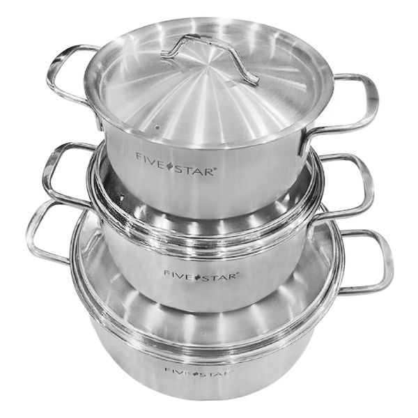 Bộ Nồi Inox 430 cao cấp 1 Đáy Fivestar 3 Chiếc Nắp Inox , dùng được mọi bếp , tặng 1 rổ inox 22cm