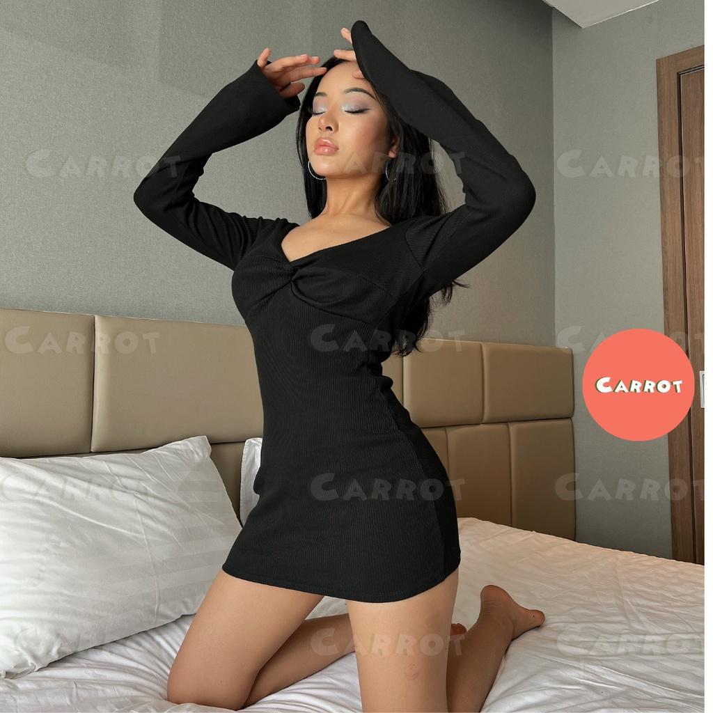 Đầm body sexy tay dài dự tiệc váy dáng ôm khoét ngực soắn ngực chất thun co giãn tốt freesize carrotxinhdep (38)