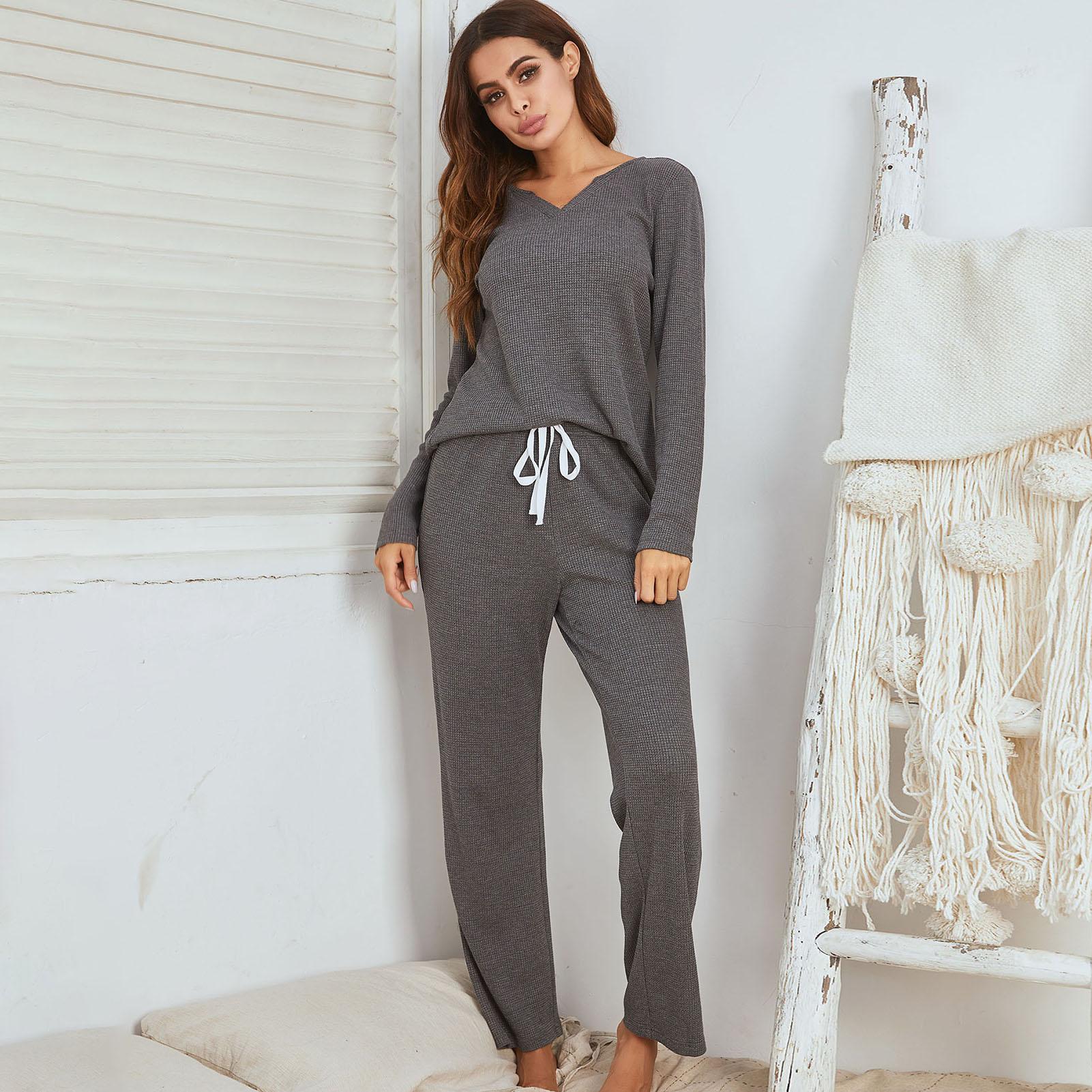 Women Pajamas Set V-Neck Long Sleeve Pullover T-shirt with Long Pants Solid Loungewear Sleepwear Home Wear