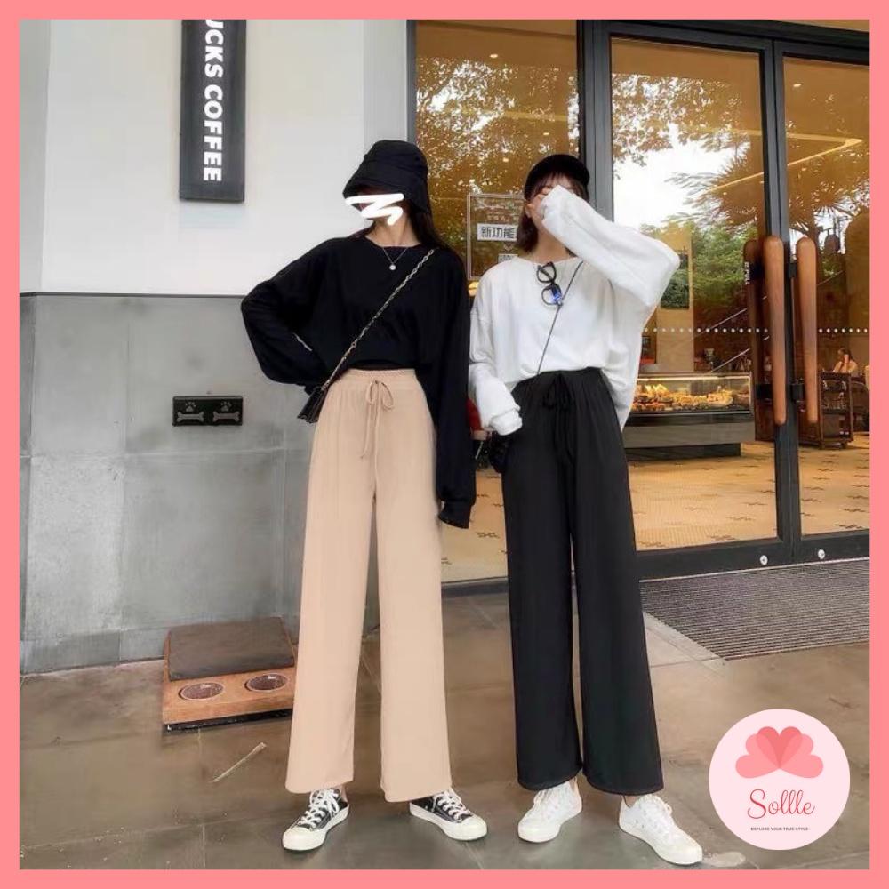Quần len nữ ống suông rộng cạp chun culottes gân tăm free size chất mát Sollle
