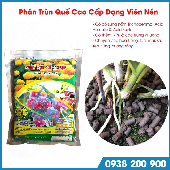 Phân trùn quế cao cấp dạng viên nén - Gói 1kg - Phân giun quế nguyên chất dành cho hoa Lan, hoa hồng, cây kiểng