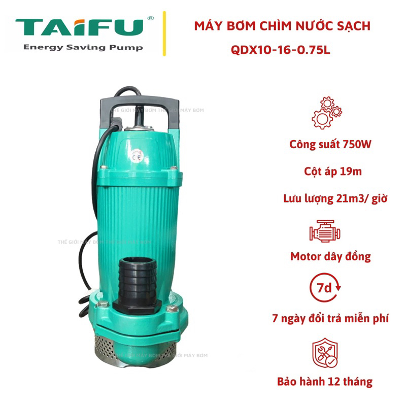 Máy bơm chìm lưu lượng 750W (1HP) cổ 50 Thân nhôm sơn tĩnh điện, không ngâm dầu TAIFU QDX10-16-0.75L - Bảo hành 1 năm