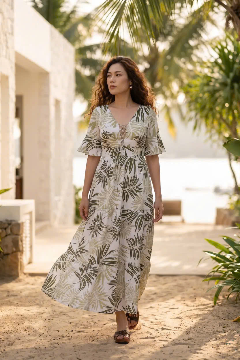 Đầm Maxi Linen Lá Cọ Du Lịch Nhiệt Đới, Đầm Maxi Linen Bích Diệp Dre204 Thời trang Hity