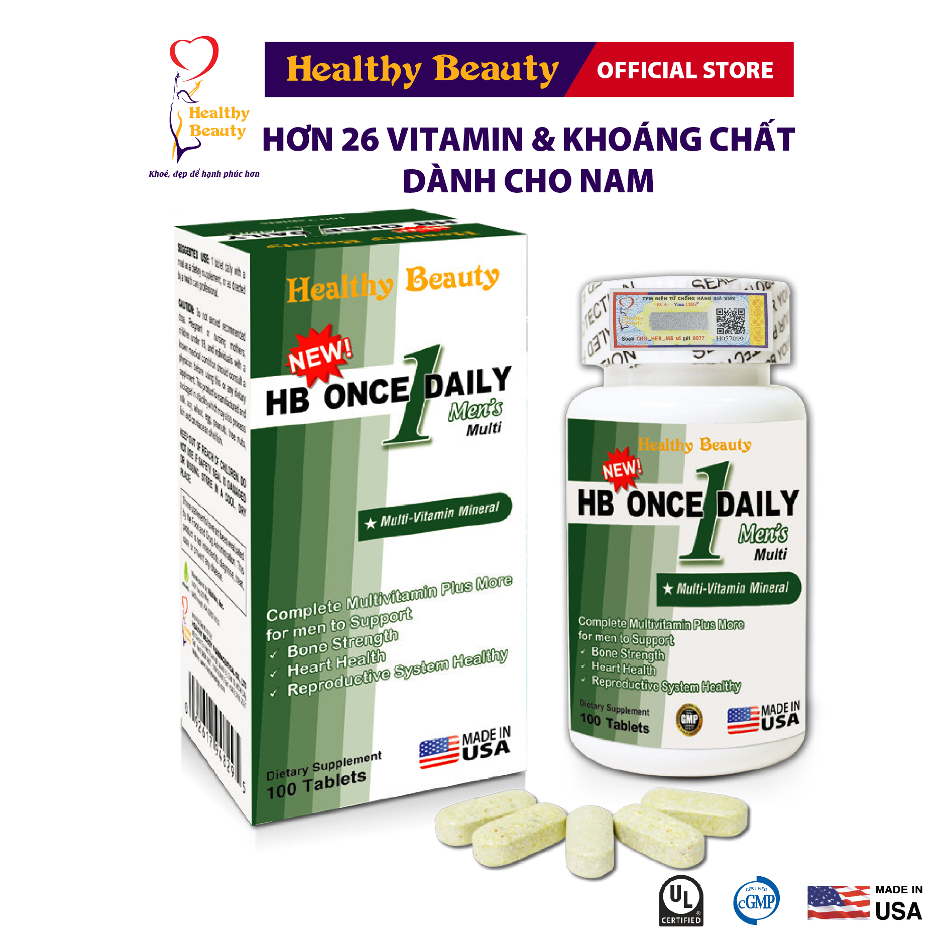 Viên Uống Bổ Sung Vitamin và Khoáng Chất Cho Nam Giới HB Once Daily Men's Multi Healthy Beauty 100 Viên