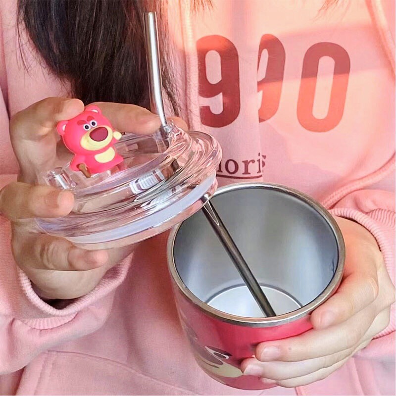 LY CỐC GIỮ NHIỆT GẤU DÂU LOSTO - BÌNH GIỮ NHIỆT SIÊU XINH LÕI INOX 304 CHỐNG GỈ 450ML