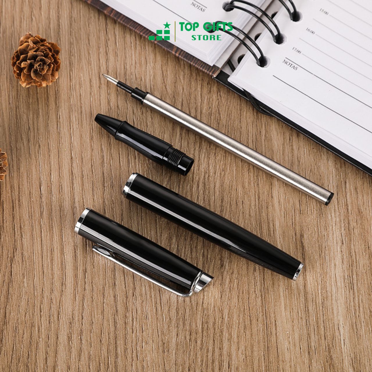 Bút kim loại nắp khắc tên PG026 - ngòi 0.5mm Penmall mực xanh + Hộp bút