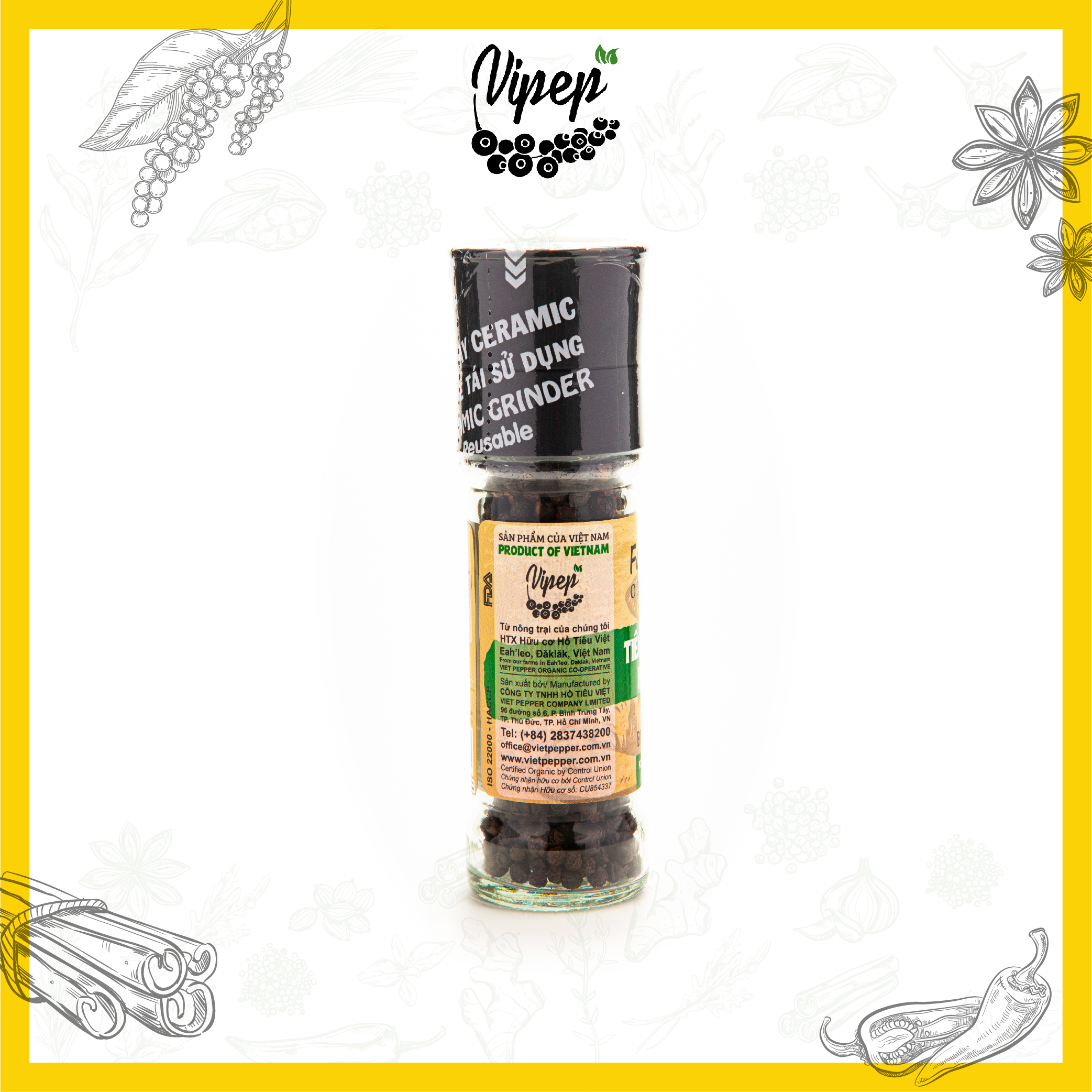 Tiêu Đen Hạt Farmers' Organic Cối Xay Vipep Hũ Thủy Tinh 55g