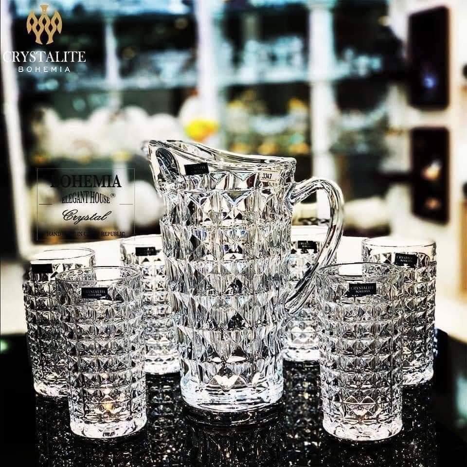 Bộ Bình Ly Pha Lê Bohemia Diamond Gồm Bình 1250ml Và Set 6 Cốc 260ml, Bộ Bình Ly Dùng Uống Trà, Nước Trái Cây, Nhập Đức