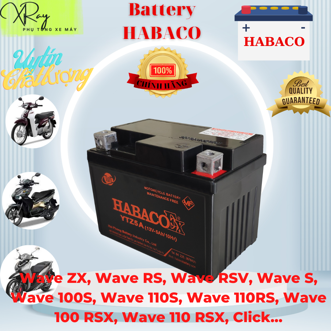 Ắc quy khô xe máy HABACO 12V - 5 Ah YTZ5A dùng cho wave RS, RSV, 100S, RSX,110 RS, AirBlade,Lead, Exciter