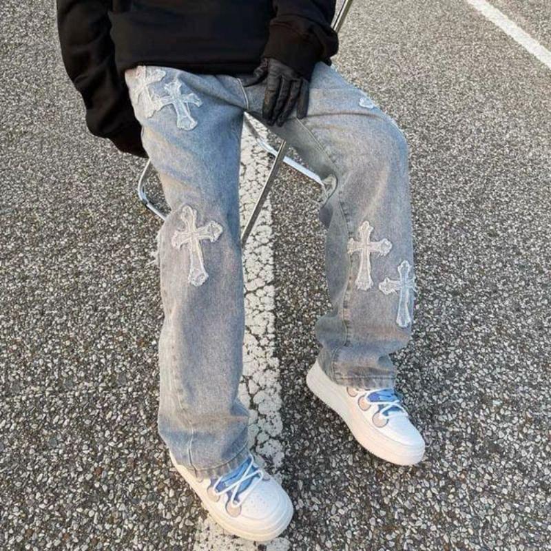 Quần Jean Nam Ống Suông, Quần Baggy Jean Nam Ống Rộng Thêu Thánh Giá