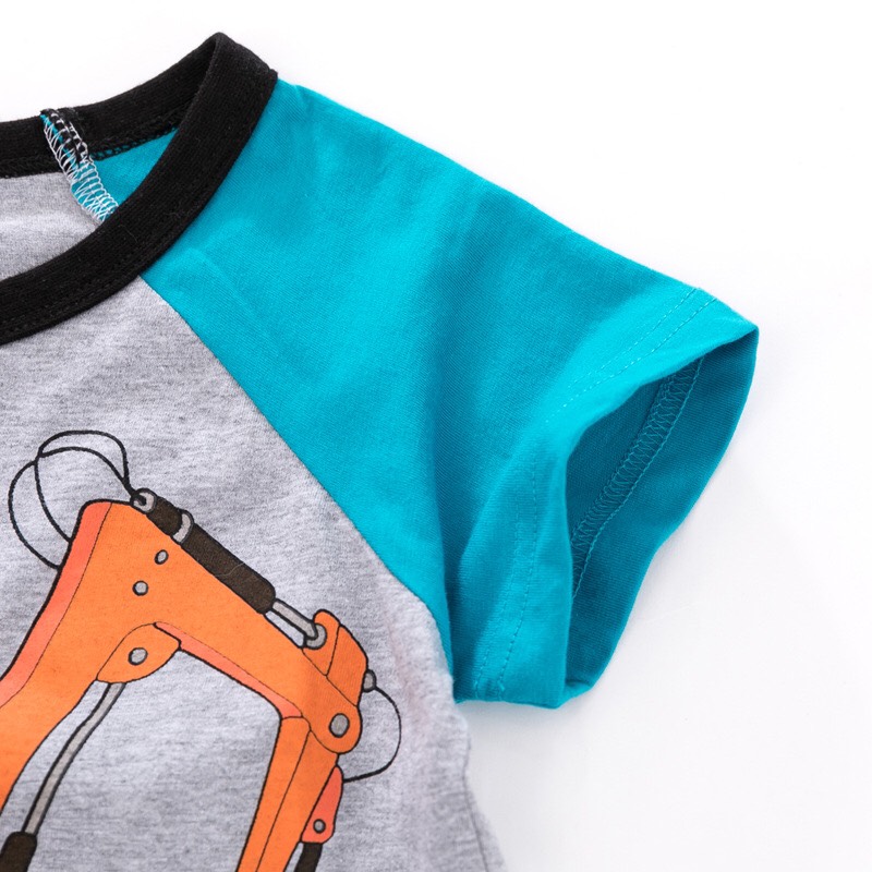 Áo thun bé trai máy xúc ghi xám phối tay xanh cotton mịn cao cấp 2-7T