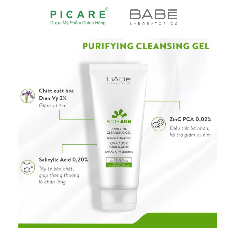 Sữa Rửa Mặt Babé Stop Akn Purifying Cleansing Gel Cho Da Dầu Mụn 200ml