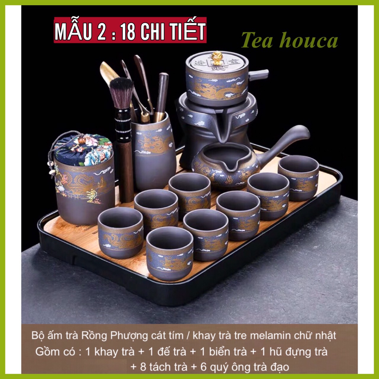 ComBo Khay + Bộ Ấm Chén Trà Cối Xay Tự Động Rồng Phượng Gốm Sứ ,Cát Tím cao cấp Độc Đáo ,19, 18, Chi Tiết