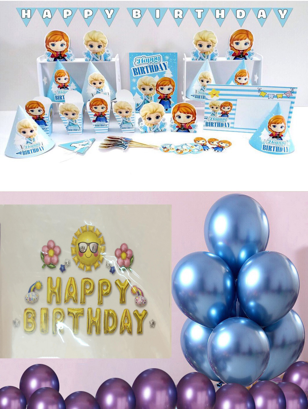 Bộ 8 món để bàn chủ đề ELSA&amp;ANNA  và 2 sét trang trí trí sinh nhật cho bé gái giao chữ HAPPY BIRTHDAY ngẫu nhiên (Quà tặng cho bé là 2 đôi đũa trẻ em dài 20cm)