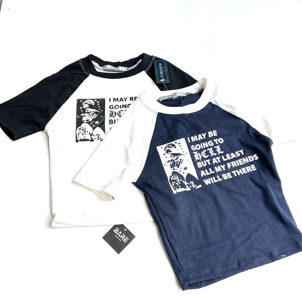 BARE- Áo Thun Croptop Tay Ngắn Dáng Ôm Tay Phối Màu In Chữ Thời Trang Quyến Rũ Cho Nữ - AO093