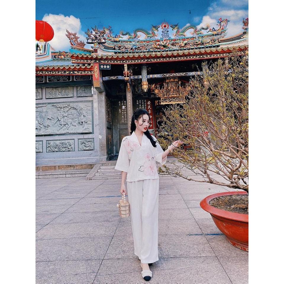 Đồ Lam Nữ Đi Chùa  SJ 01 Cao Cấp Trang Nhã Vải Lụa Hoa Nổi