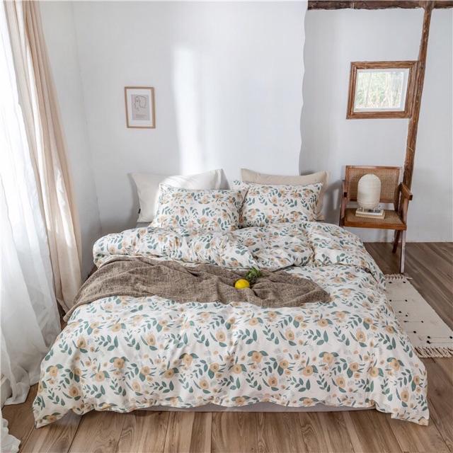 Set Chăn Ga Gối Cotton Living Hàng Nhập khẩu Cao Cấp 4 Món Hoa trắng Vintage